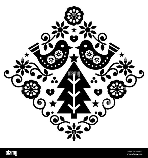 Christmas Scandinavian Folk Art Vector Pattern With Birds And Flowers