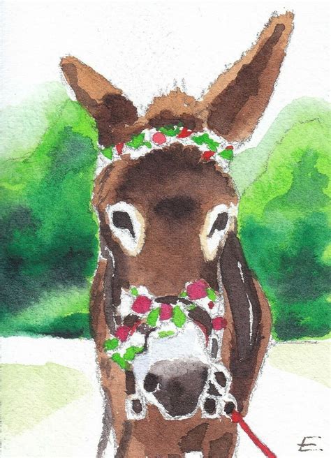 Aceo Original Watercolor Donkey With Flowers By Estebanezwatercolors