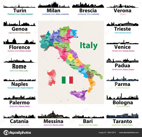 Map Italy Largest Italian Cities Skylines Silhouettes Stock Vector By