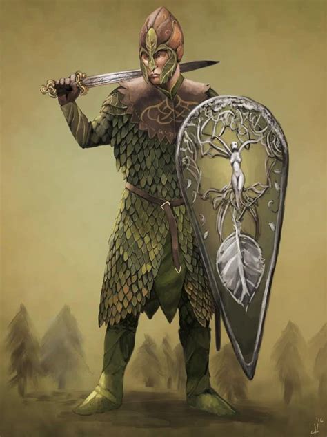 M High Elf Fighter Hvy Armor Helm Shield Sword Conifer Forest Eastern