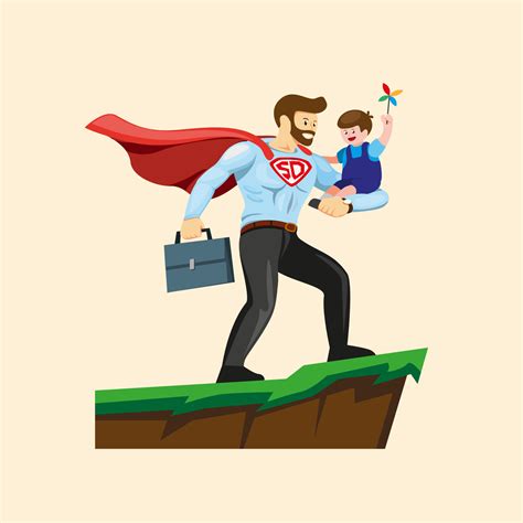 Superdad Carrying Son Happy Fathers Day Illustration In Cartoon Flat Illustration Vector