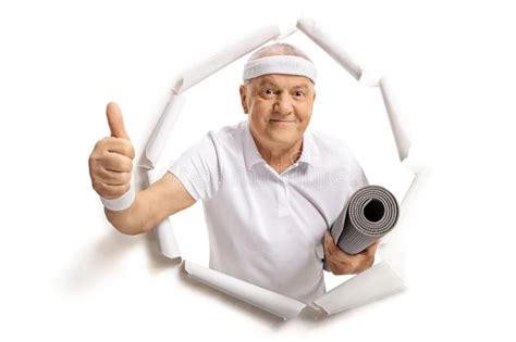 Elderly Sportsman Breaking Through Paper And Making A Thumb Up S Stock