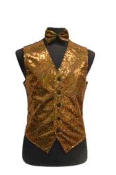 Satin Shiny Sequin Vestbow Tie Set Gold