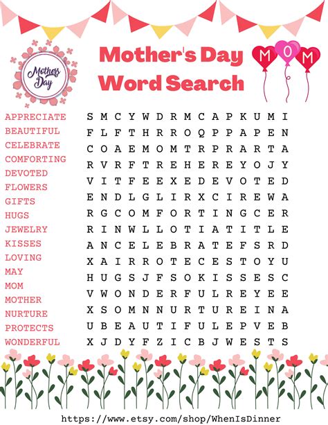 Mothers Day Word Search Etsy