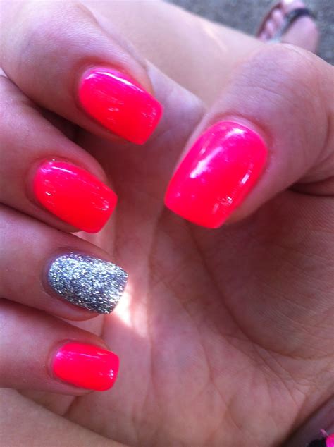 My Nails Neon Pink With Silver Glitter Made By Pink Nails Basel