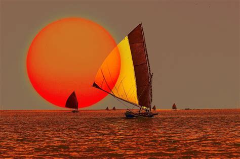 Sky Sun Sunset Sea Boat Sailing Art Artwork Ocean Wide Mobile Hd