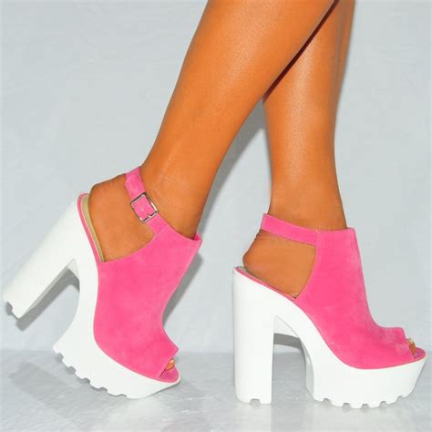 Ladies Candy Pink Faux Suede White Platform Peep Toe Chunky High Heels
