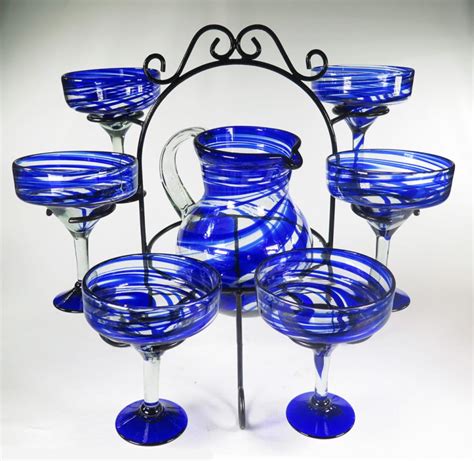 Mexican Margarita Glasses Blue Swirl With Matching Pitcher And Display Rack Hand Blown By
