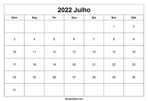 Calendário Gratuito 2022 Julho Calendario Para Imprimir 2022
