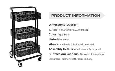 Doeworks Storage Cart 3 Tier Metal Utility Cart Rolling