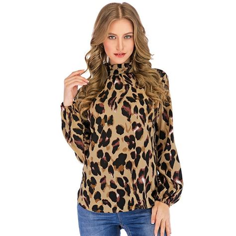Anself Women Leopard Print Blouse Shirts Ruffles Turtleneck Long Sleeves Vintage Casual Tops