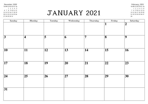 January 2021 Calendar Printable Template In Pdf Word Excel Free