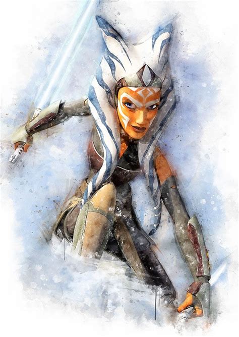 Watercolor Portrait Of Ahsoka Tano Inspired By Character From Star Wars