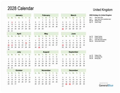 Holiday Calendar 2028 For United Kingdom Sunday Start