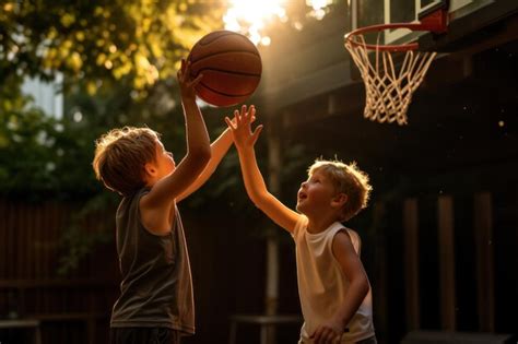 Premium Ai Image Happy Kids Playing Basketball At The Driveway Of