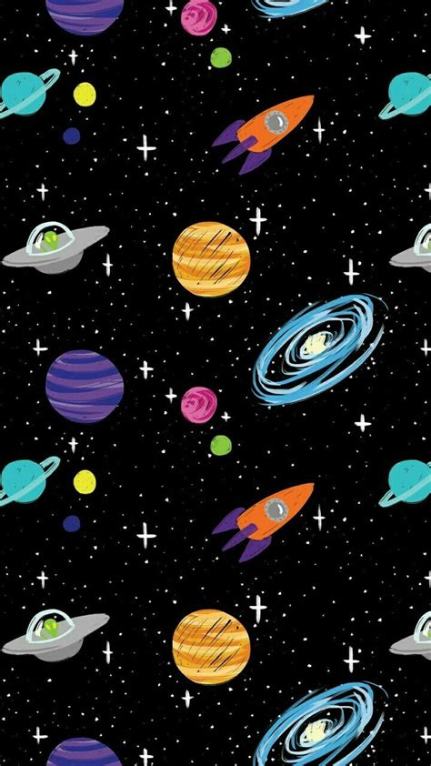 Space Cartoon Aliens Rocket Ships Planets Galaxy Iphone Wallpaper