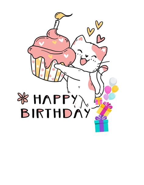 A Happy Birthday Card With A Cat Holding A Cupcake