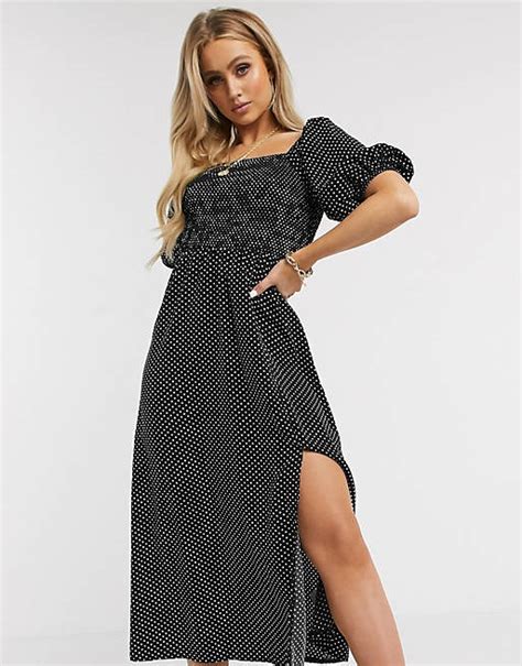 Missguided Milkmaid Shirred Midi Dress With Puff Sleeves In Polka Dot