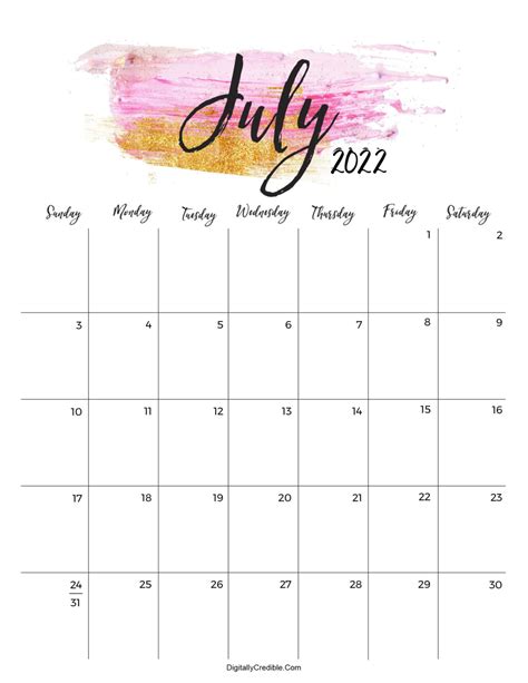 July 2022 Calendar Cute And Floral Templates