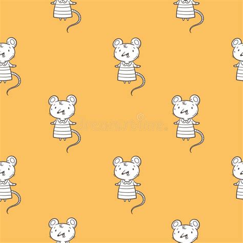 Seamless Pattern With Cute Cartoon Mice On Orange Background Doodle