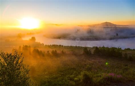 Beautiful Rural Landscape In Morning Fog At Sunrise Temple On The
