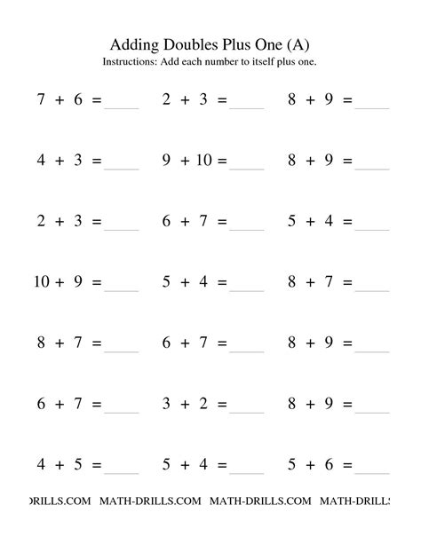 Adding Doubles Plus One All Math Worksheet Freemath Kindergarten