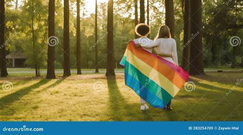 two lesbian girls wrapped in rainbow flag concept of lgbt pride ai generated stock
