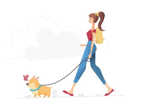 Cartoon Girl Walking Dog