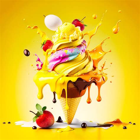 yellow background ice cream with fruit on top generative ai stock illustration illustration