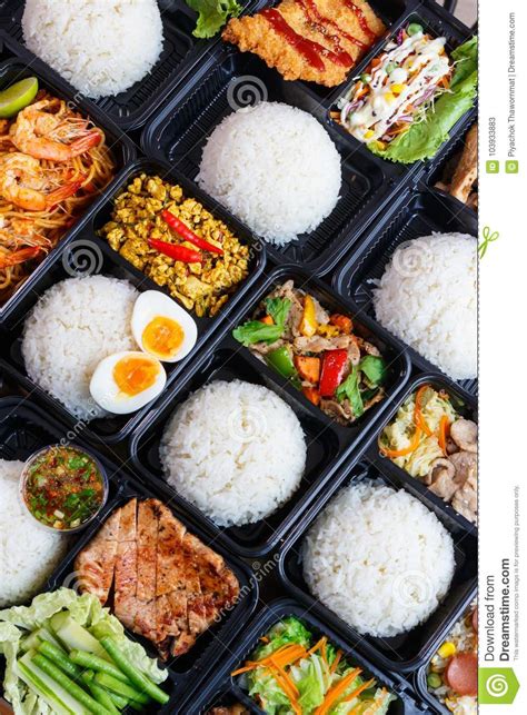 I go to a thai food market and get some street food for our dinner tonight. Variety Thai Meal Boxes. stock image. Image of container ...