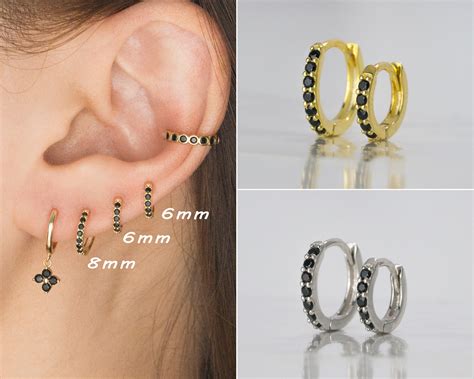 Black Cz Huggie Hoop Earrings Second Hole Hoops Cartilage Etsy
