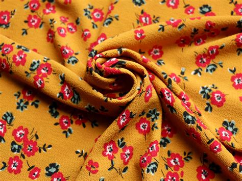 Bubble Crepe Fabric Floral Design Red Green And Mustard Etsy