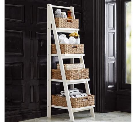 Wooden bathroom floor cabinet with removable drawers. Ainsley Ladder Floor Storage with Baskets | Pottery Barn