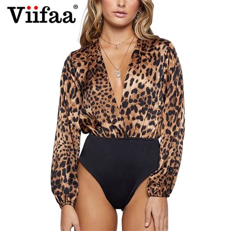 Viifaa Leopard Print Long Sleeve Bodysuit Women Deep V Neck Sexy Rompers Party Bodycon Jumpsuit