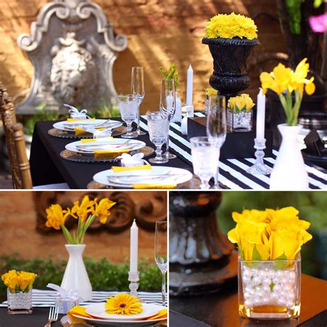 Black White And Yellow Table Setting Garden Outside Wedding