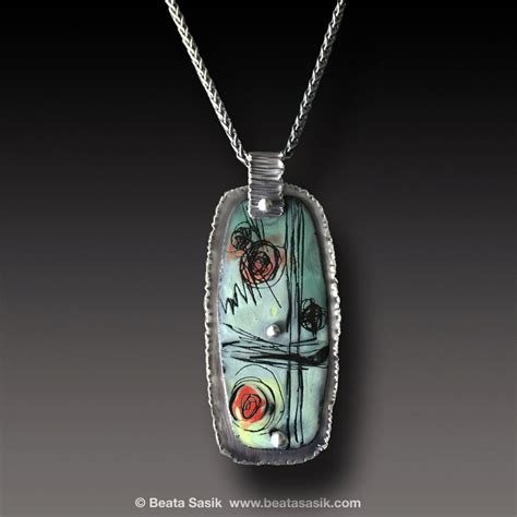 Abstract Enamel Pendant Sterling Silver Necklace With