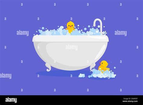 Bathtub With Rubber Duck In Suds Yellow Duck In Bubbles And Foam