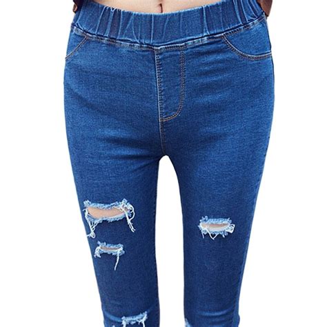 Women Jeans Mid Waist High Elastic Holes Sexy Casual Style Skinny Slim Pencil Denim Pants