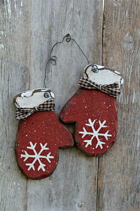 Primitive Wood Holiday Decor Rustic Winter Decor Red Mittens By