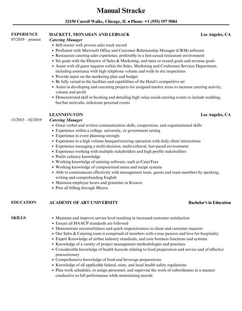 Catering Manager Resume Samples Velvet Jobs