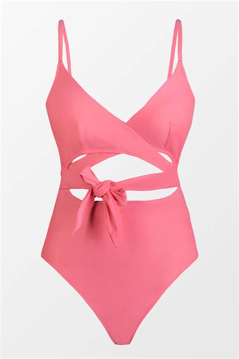 Beach Party Tie Front Wrap Pink One Piece Swimsuit