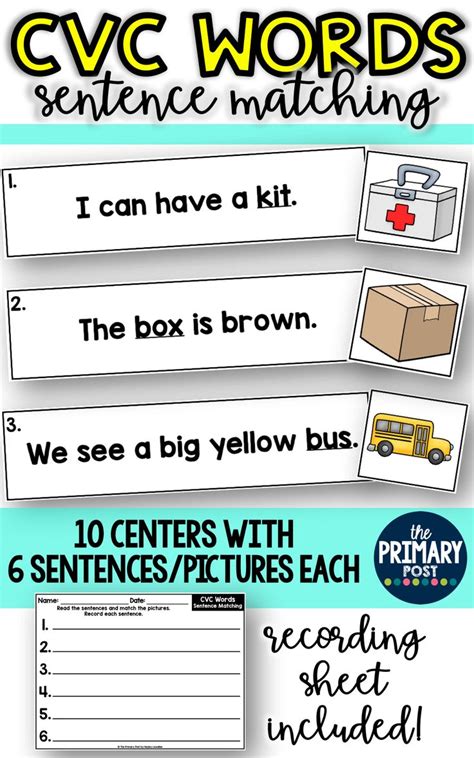 A cvc word is a word that is made up of a consonant, vowel and consonant sound. CVC Words Center for Sentence Matching, 10 centers with ...