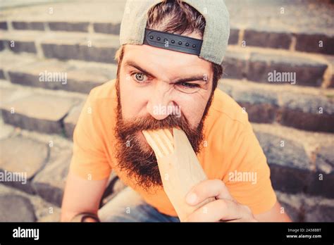 Urban Lifestyle Nutrition Junk Food Carefree Hipster Eat Junk Food While Sit Stairs Guy