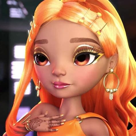 A Close Up Of A Doll With Orange Hair And Gold Eyeshades On Her Face