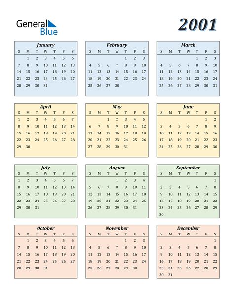 2001 Calendar Pdf Word Excel