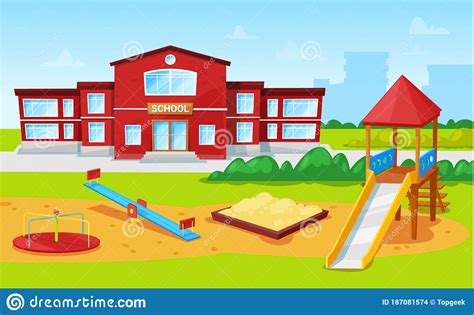 School Building And Yard Playground For Kids City Stock Vector