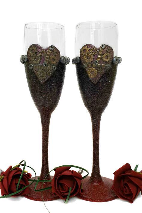 Steampunk Wedding Toasting Flutes Set Of 2 Champagne Glasses With A
