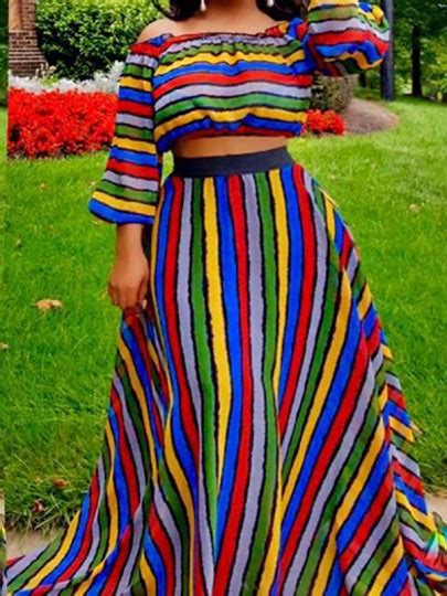 Red Rainbow Striped Jamaica Off Shoulder Two Piece High
