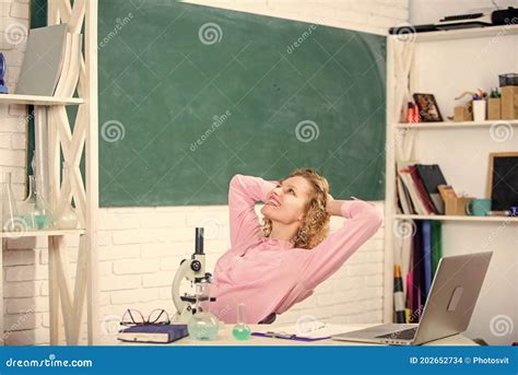 just relax find way to relax at workplace teacher adorable woman try to relax in classroom