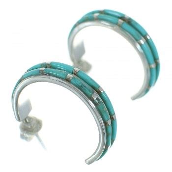 Southwestern Silver Turquoise Inlay Post Hoop Earrings Ax